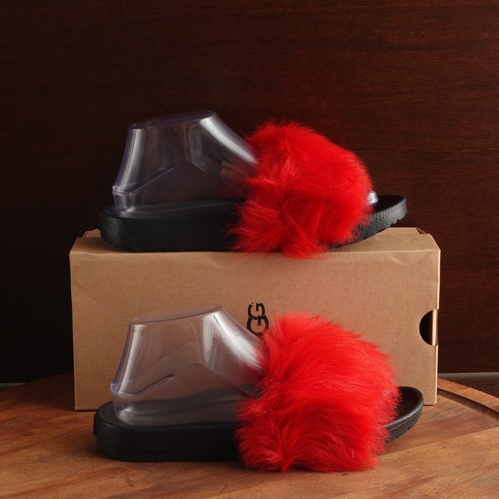UGG Sandals Womens Size 7 BLK Red Royale Lamb Fur Slide Modern Flat Casual Shoes